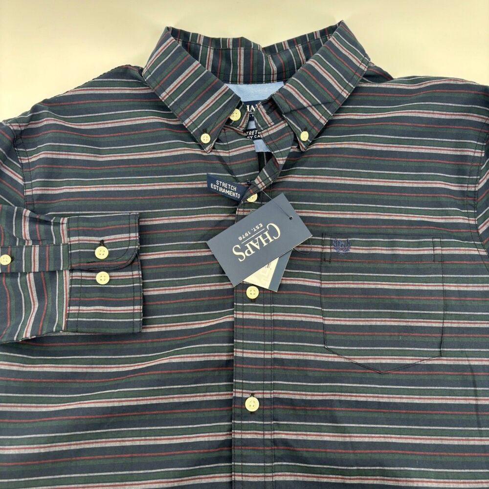 Chaps Button Down Shirt Mens L Multicolor New Striped Stretch Easy Care LS